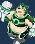  anthro armor belly blush bulge canid canine canis domestic_dog eyebrows fur green_body green_fur hi_res live-a-hero male mammal mokdai navel overweight overweight_anthro overweight_male pute_819 solo superhero thick_eyebrows unconvincing_armor visor 