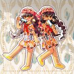  2girls alternate_costume bandana brown_eyes brown_hair bzhdojioshnme20 colorful_background dark-skinned_female dark_skin dress ear_piercing earrings food food_in_mouth highres holding holding_food holding_popsicle jewelry laila_(otoyomegatari) leyli_(otoyomegatari) long_hair looking_at_viewer melting_popsicle multicolored_dress multiple_girls otoyomegatari piercing popsicle popsicle_in_mouth red_bandana shoes short_dress siblings sisters twins very_long_hair yellow_shoes 