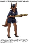  anthro bottomwear brown_body brown_fur canid canine chiropteran clothing english_text eyewear female fox fur go_to_horny_jail handcuffs hat headgear headwear hi_res high_heels mammal meme miniskirt mrmcarthur police_uniform shackles skirt snout solo sunglasses text uniform 