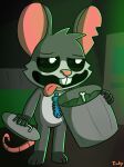 absurd_res anthro backalley big_ears bone fishbone fur green_light grey_body grey_fur hi_res jewelry male male/male mammal murid murine necklace rat rat_tail rodent smile solo tail teeth teeth_showing tinky tongue tongue_out touille_(poppy_playtime) trash trash_can white_body white_fur