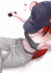  1girl animal_ears baggy_pants baseball_cap black_hair black_hat black_panties black_sports_bra breasts cleavage drawstring from_above grey_pants hakos_baelz hat highres holding holding_removed_eyewear hololive hololive_english large_breasts long_hair medium_breasts mouse_ears mouse_girl multicolored_hair panties pants print_headwear red_hair simple_background solo sports_bra sports_panties star_(symbol) streaked_hair sunglasses sweatpants track_pants underwear unmeidesu unworn_eyewear very_long_hair virtual_youtuber white_background 