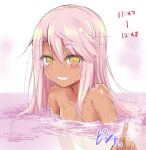  1girl bangs bathing blush breasts chloe_von_einzbern dark_skin dark_skinned_female fate/kaleid_liner_prisma_illya fate_(series) grin hair_between_eyes long_hair looking_at_viewer nude orange_eyes pink_hair sen_(astronomy) sidelocks small_breasts smile water wet 