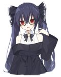  1girl absurdres alternate_costume black_hair breasts buran_buta glasses hair_between_eyes hair_ornament hair_ribbon highres long_hair looking_at_viewer neptune_(series) noire red_eyes ribbon simple_background smile solo twintails upper_body white_background 