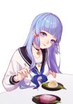  1girl black_choker black_sailor_collar blue_eyes blue_hair blue_neckerchief choker closed_mouth collarbone commentary contemporary food_request fork genshin_impact hair_down head_tilt highres holding holding_fork jesse_(pixiv34586727) kamisato_ayaka long_hair long_sleeves looking_at_viewer neckerchief plate sailor_collar school_uniform serafuku shirt simple_background smile solo table upper_body white_background white_shirt 