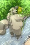  2021 anthro asian_clothing black_nose brown_body brown_fur butt canid canine clothing detailed_background east_asian_clothing fundoshi fur japanese_clothing kemono kiyo male mammal outside overweight overweight_anthro overweight_male raccoon_dog solo tanuki underwear water wet 