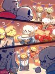 1other 3boys armor black_eyes blue_jacket closed_eyes colored_skin cosplay frisk_(undertale) gloves grin highres hollow_eyes jacket korokor59513559 monster monster_kid_(undertale) multiple_boys open_clothes open_jacket open_mouth papyrus_(undertale) papyrus_(undertale)_(cosplay) red_gloves red_scarf sans_(undertale) sans_(undertale)_(cosplay) scarf skeleton skeleton_costume smile sweat teeth undertale upper_teeth_only white_armor yellow_skin 
