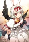  1girl :d animal_ears bangs black_gloves black_wings blurry bunny_ears collarbone depth_of_field dress eyebrows_visible_through_hair feathered_wings frills gloves hairband highres holding looking_at_viewer open_mouth plus_(virtuareal) puffy_short_sleeves puffy_sleeves red_eyes short_hair short_sleeves smile solo tauyuki_saema virtuareal white_dress white_hair wings 