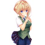  1girl blonde_hair blue_neckwear blue_skirt braid braided_bun cowboy_shot dress_shirt fingers_together green_vest highres kantai_collection long_hair looking_at_viewer necktie perth_(kancolle) plaid plaid_skirt pleated_skirt school_uniform shirt shitou_kazuaki short_sleeves simple_background skirt solo vest white_background white_shirt 