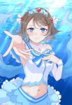  1girl aziazi014 bare_shoulders blue_skirt blue_tiara blush closed_mouth collarbone commentary_request cropped_shirt frilled_skirt frills groin highres koi_ni_naritai_aquarium looking_at_viewer love_live! love_live!_sunshine!! midriff miniskirt navel offering_hand official_alternate_costume outstretched_arm shirt skirt smile solo underwater upper_body watanabe_you white_shirt 
