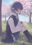  1girl black_shoes black_socks blue_overskirt blue_ribbon blue_skirt blue_vest cellphone cherry_blossoms commentary_request earphones falling_petals gakuen_idolmaster grass hataya_misuzu hatsuboshi_gakuen_school_uniform highres holding holding_phone idolmaster kneehighs knees_up loafers long_sleeves looking_ahead neck_ribbon on_ground outdoors petals phone purple_hair ribbon sangria school_uniform shirt shoes short_hair sitting skirt skirt_set socks solo tree vest white_shirt 