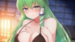  1girl bangs bare_shoulders blue_eyes blurry blurry_background blush breasts cleavage closed_mouth collarbone commentary_request eyebrows_visible_through_hair green_hair hair_between_eyes hands_on_own_chest highres indoors kochiya_sanae large_breasts light_smile long_hair looking_down sample solo tksand touhou upper_body window 