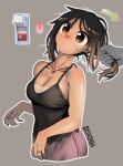  ! 1girl 1other arrow_(symbol) artist_logo bare_arms bare_shoulders black_camisole breasts brown_eyes camisole cleavage cropped_torso ergot grabbing_another&#039;s_hair grey_background grey_nails jewelry light_switch logo medium_breasts motion_lines original ring solo_focus spoken_exclamation_mark surprised tina_(ergot) 