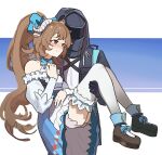  1girl 1other animal_ears arknights black_coat black_gloves blue_bow blue_dress bow brown_eyes brown_hair carrying carrying_person closed_mouth coat curled_horns doctor_(arknights) dress elysiium embarrassed eyjafjalla_(arknights) eyjafjalla_the_hvit_aska_(a_picnic_before_a_long_trip)_(arknights) eyjafjalla_the_hvit_aska_(arknights) footwear_bow frills gloves hand_on_own_chest highres hood hood_up hooded_coat horns long_hair long_sleeves official_alternate_costume ponytail princess_carry sheep_ears sheep_girl sheep_horns split_mouth thighhighs white_dress white_horns white_thighhighs 