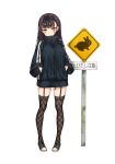  1girl absurdres bangs black_hair bunny_hair_ornament closed_mouth commentary_request eyebrows_visible_through_hair fishnet_legwear fishnets full_body garter_straps hair_ornament hairband hands_in_pockets highres jacket long_hair looking_at_viewer original road_sign shoes sign simple_background solo standing tauyuki_saema thighhighs track_jacket translation_request white_background wide_sleeves yellow_eyes zipper 