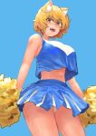  1girl :d absurdres animal_ear_fluff animal_ears bad_anatomy bangs bare_shoulders blonde_hair blue_background blue_shirt blue_skirt blush breasts chanta_(ayatakaoisii) commentary_request cowboy_shot crop_top extra_ears eyebrows_visible_through_hair fox_ears from_below hair_between_eyes highres holding large_breasts looking_at_viewer midriff navel no_hat no_headwear no_tail open_mouth panties pom_poms shirt short_hair skirt smile solo sweat touhou underwear white_panties yakumo_ran yellow_eyes 