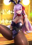  1girl animal_ears bangs bare_shoulders bb_(fate) bb_(fate)_(all) black_leotard blush breasts brown_legwear bunny_ears chikage_(blackclownery) cleavage collarbone detached_collar fake_animal_ears fate/extra fate/extra_ccc fate_(series) hair_ribbon highleg highleg_leotard highres large_breasts leotard long_hair looking_at_viewer open_mouth pantyhose playboy_bunny purple_eyes purple_hair red_ribbon ribbon sitting smile thighs very_long_hair wrist_cuffs 