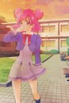  1girl :o aizen_(syoshiyuki) blue_socks bow dress hair_behind_ear hand_on_own_face highres jacket kneehighs l&#039;ecole_des_cinq_lumieres_school_uniform looking_at_viewer open_mouth pink_eyes pink_hair precure purple_dress purple_jacket red_bow school school_uniform socks striped_clothes striped_dress sunset two_side_up wind yes!_precure_5 yumehara_nozomi 