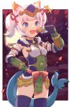  1girl alternate_costume bangs blue_eyes blue_hair blunt_bangs blush dango eyebrows_visible_through_hair food gawr_gura hair_between_eyes hair_ornament highres hololive hololive_english japanese_clothes jewelry long_hair looking_at_viewer medium_hair meow_head monster_hunter_(series) monster_hunter_rise multicolored_hair open_mouth sharp_teeth silver_hair simple_background smile solo streaked_hair tail teeth twintails two_side_up virtual_youtuber wagashi 