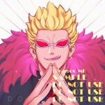  1boy blonde_hair donquixote_doflamingo earrings facing_viewer feather_boa glasses jewelry licking_lips male_focus one_piece red-tinted_eyewear short_hair solo tinted_eyewear tongue tongue_out upper_body vamos_mk watermark white-framed_eyewear white_background 