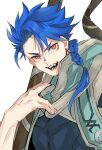  1boy asymmetrical_bangs asymmetrical_clothes bangs blue_hair braid braided_ponytail child cu_chulainn_(fate)_(all) don_(sjag3855) earrings fangs fate/grand_order fate/grand_order_arcade fate_(series) grin high_collar highres hood hood_down jewelry long_hair looking_at_viewer male_focus open_mouth ponytail red_eyes setanta_(fate) simple_background skin_tight smile solo spiked_hair staff white_background 