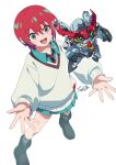  1girl amate_yuzuriha aqua_eyes commentary_request gquuuuuux green_eyes gundam gundam_gquuuuuux long_sleeves looking_at_viewer mecha mobile_suit necktie red_hair robot school_uniform science_fiction sd_gundam short_hair simple_background skirt smile sweater tyuga v-fin 
