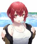  1girl 86_-eightysix- absurdres breasts brown_eyes brown_jacket cleavage hair_behind_ear highres huge_filesize jacket krena_kukumira m.tokotsu medium_breasts open_mouth red_hair removing_jacket short_hair solo tank_top upper_body water waterfall white_tank_top 