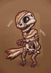 abstract_background blue_eyes bone brown_background brown_theme brown_wraps erakir_(character) glowing glowing_eyes hi_res ivalician_moogle looking_at_viewer mummy_wrappings simple_background skeleton text trevor-fox wrappings