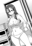  1girl bra breasts changing_room cleavage collarbone collared_shirt commentary_request cowboy_shot dress_shirt greyscale hair_between_eyes highres large_breasts long_hair monochrome navel no_pants panties parted_lips shirt sogabe_toshinori solo standing stomach tsuruhashi_madoka underwear undressing yankee_jk_kuzuhana-chan 