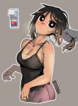  1girl 1other artist_logo bare_arms bare_shoulders black_camisole black_eyes breasts breath bright_pupils camisole cleavage cropped_torso ergot grabbing_another&#039;s_hair grey_background grey_nails jewelry light_switch logo medium_breasts original ring solo_focus surprised tina_(ergot) white_pupils 