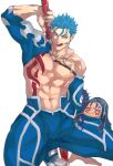  1boy 1other abs blue_hair bodypaint bulge chibi collarbone crescent_necklace cu_chulainn_(fate)_(all) cu_chulainn_(fate/stay_night) detached_sleeves don_(sjag3855) earrings fate/grand_order fate_(series) gae_bolg_(fate) grin highres holding holding_polearm holding_weapon jewelry licking_lips looking_at_viewer male_focus mini_cu-chan_(fate) muscular muscular_male navel necklace nipples open_mouth pants pectorals polearm polearm_behind_back red_eyes short_hair simple_background skin_tight sleeveless slit_pupils smile spiked_hair squatting tongue tongue_out weapon 