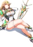  aegis_sword_(xenoblade) bangs bare_legs bare_shoulders blonde_hair breasts chest_jewel cleavage cleavage_cutout clothing_cutout crossed_legs dress earrings elbow_gloves gloves highres jewelry large_breasts long_hair mythra_(xenoblade) short_dress siebolds_demon swept_bangs thigh_strap thighs tiara very_long_hair white_dress white_footwear white_gloves xenoblade_chronicles_(series) xenoblade_chronicles_2 yellow_eyes 
