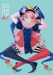  1girl asymmetrical_footwear blue_eyes boots checkered_clothes checkered_hat checkered_pantyhose club_(shape) crossed_legs diamond_(shape) gloves hat heterochromia highres jester jester_cap jikishirone long_hair madan_no_ichi multicolored_hair neck_ruff pantyhose pink_hair puffy_sleeves sitting spade_(shape) streaked_hair striped_clothes striped_headwear striped_pantyhose vertical-striped_clothes vertical-striped_headwear yellow_eyes z4gre0 
