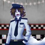  anthro brown_hair clothed clothing crazy_guy_(artist) domestic_cat ears_down felid feline felis five_nights_at_freddy&#039;s fluffy fluffy_tail fur guard hair hi_res hybrid male mammal pivoted_ears smile solo uniform video_games white_body white_fur yellow_eyes 