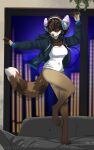  anthro barefoot biped bottomless breasts butt clothed clothing dancing eyes_closed feet female firetally fur hair headgear headphones headwear hi_res hybrid mammal murid murine naomi_(mightypoohead) on_couch partially_clothed procyonid raccoon rat rodent smile solo topwear 