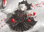  1girl absurdres beatrix_vivi black_bow black_dress black_flower black_gloves black_hat black_rose black_skirt bow breasts dress fate/grand_order fate_(series) flower funeral_dress gloves grey_eyes hat highres kriemhild_(fate) kriemhild_(first_ascension)_(fate) long_hair long_sleeves looking_at_viewer mole mole_under_eye pale_skin petals prayer_gesture rose rose_petals skirt solo stele wreath 
