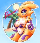 anthro armwear bandai_namco beach bikini blasticussaturn clothing clothing_pull countershading dark_sclera digimon digimon_(species) elbow_gloves female flashing flashing_breasts fur gloves handwear hi_res looking_at_viewer markings nipples open_mouth palm_tree plant renamon signature solo sun swimwear text tree two-piece_swimsuit yellow_body yellow_fur