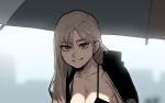  1girl bikini black_bikini blurry blurry_background breasts cleavage commentary depth_of_field gogalking grey_hair hair_between_eyes large_breasts long_hair looking_at_viewer original parasol red_eyes slit_pupils smile solo swimsuit umbrella upper_body 