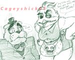 2015 anthro apron arms_bent artist_name asking_another avian beak bear bird black_eyebrows black_sclera bottomwear bow_tie breasts button_(fastener) cageyshick05_(artist) chicken clothed clothed_anthro clothed_female clothed_male clothing dialogue duo english_description eyebrows eyelashes feather_hair feathers female female_anthro five_nights_at_freddy&#039;s five_nights_at_freddy&#039;s_4 freddy_(fnaf) fully_clothed fully_clothed_anthro fully_clothed_female galliform gallus_(genus) green_and_white green_bottomwear green_bow_tie green_clothing green_eyelids green_shirt green_shorts green_tank_top green_top_hat green_topwear hands_on_own_hips leaning leaning_forward looking_at_another male male_anthro mammal monochrome name_drop name_in_dialogue nightmare_chica_(fnaf) non-mammal_breasts pen_(artwork) phasianid pseudo_hair question scottgames sharp_teeth shirt shorts simple_background speech_bubble tank_top teeth text thick_eyebrows topwear traditional_media_(artwork) whisker_spots white_background worried