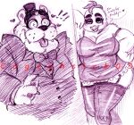 2015 4_fingers anthro avian beak bear big_breasts bird black_eyebrows black_eyelids black_nose black_top_hat blush bow_tie breasts cageyshick05_(artist) chica_(fnaf) chicken claws cleavage clothed clothed_anthro clothed_female clothed_male clothing colored_pencil_(artwork) dress duo english_description english_text excited exclamation_point eyebrows eyelashes feather_hair feather_hands feathers female finger_claws fingers five_nights_at_freddy&#039;s freddy_(fnaf) fully_clothed fully_clothed_anthro fully_clothed_female galliform gallus_(genus) hair hearts_around_head interspecies leaning_on_wall legwear light lighting lingerie male male/female mammal monochrome muscular muscular_anthro muscular_female open_mouth open_smile pawpads pen_(artwork) phasianid pseudo_hair purple_and_white purple_bow_tie purple_clothing purple_dress purple_dress_shirt purple_hair purple_legwear purple_pawpads purple_stockings purple_suit purple_tongue romantic romantic_couple scottgames shaded smile stockings suit text thick_eyebrows thick_thighs tongue tongue_out traditional_media_(artwork) whisker_spots wide_hips
