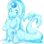  1girl :3 aqua_eyes blue_skin breasts colored_skin core full_body highres ls-lrtha mermaid monster_girl no_nipples nude original simple_background slime_girl solo tail white_background wide-eyed 