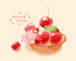  animal bird chai_(artist) cherry chibi cropped dress food fruit original petals pink_hair polychromatic red_eyes short_hair signed 
