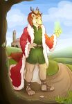  anthro antlers bell_tower caligae claws clothing colored_fire crown dragon fire footwear forked_tongue grass green_fire green_flames happy harmaagriffin hi_res horn landscape magic magic_user male mane mantle muscular muscular_anthro muscular_male path plant portrait prince prince_borgon royalty sky smile solo tail_tuft tongue tree tuft 
