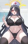  1boy 1girl absurdres bare_shoulders black_bra black_choker black_hair black_panties black_shirt black_thighhighs blue_archive blush bra breasts choker cleavage cross cross_earrings earrings hair_over_one_eye halo hat highres hinata_(blue_archive) holding holding_syringe indoors jewelry kurochomo lace lace_bra lace_panties large_breasts lingerie long_hair looking_at_viewer nurse_cap open_mouth panties red_cross red_eyes shirt straddling syringe thighhighs tongue tongue_out underwear underwear_only very_long_hair winged_halo yellow_halo 