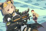  2girls blonde_hair blue_eyes breasts bullpup choker double_bun f2000_(girls_frontline) girls_frontline gun highres light_brown_hair long_hair medium_breasts mineta_naoki multiple_girls p90 p90_(girls_frontline) red_eyes solo_focus submachine_gun very_long_hair weapon 