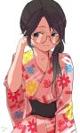  1girl absurdres arm_behind_head black_hair black_sash blue_eyes eyelashes floral_print floral_print_kimono glasses highres idolmaster idolmaster_shiny_colors japanese_clothes kimono long_hair mitsumine_yuika obi pink_kimono print_kimono round_eyewear sash simple_background smile solo upper_body white_background ywr 