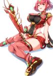  aegis_sword_(xenoblade) bangs black_gloves breasts chest_jewel earrings fingerless_gloves gloves highres jewelry large_breasts pyra_(xenoblade) red_eyes red_hair red_legwear red_shorts short_hair short_shorts shorts siebolds_demon swept_bangs sword thighhighs thighs tiara weapon xenoblade_chronicles_(series) xenoblade_chronicles_2 