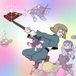  1boy aged_down akaiti animate_object axe brown_hair doll dream_luther gakuran glasses glint holding holding_axe luther_von_ivory male_focus rainbow_background randal&#039;s_friends round_eyewear school_uniform short_hair solo stuffing swinging_weapon 