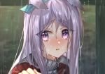  1girl animal_ears aqua_ribbon bangs blurry blurry_background blush crying crying_with_eyes_open depth_of_field ear_ribbon ears_down eyebrows_visible_through_hair hair_between_eyes hand_up horse_ears jacket long_hair looking_at_viewer mejiro_mcqueen_(umamusume) nose_blush ouri_(aya_pine) parted_lips purple_eyes purple_hair rain red_jacket ribbon solo swept_bangs tears track_jacket umamusume upper_body wet wet_hair 