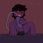  absurd_res anthro balls big_breasts big_penis black_dildo black_sex_toy blush blush_lines breasts brown_hair cum_tube cumming_dildo deltarune dildo dildo_sitting feet freckles genitals gynomorph hair hi_res holding_object holding_penis holding_toy imminent_inflation intersex kcrtp lizard messy_hair non-mammal_breasts nostrills nude penetrable_sex_toy penetration penis purple_body purple_scales purple_toy reptile scales scalie sex_toy sharp_teeth simple_background sitting snout solo susie_(deltarune) teeth toes tube video_games yellow_teeth 