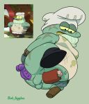 absurd_res amphibia_(series) amphibian amputee anal anal_penetration anthro balls black_eyes bob-jiggles butt chef chef_hat clothing dildo disability disney frog genitals grease grease_stains green_background green_body half-closed_eyes hat headgear headwear hi_res humanoid_genitalia humanoid_penis looking_down looking_pleasured lying male masturbation narrowed_eyes navel no_lube on_side open_mouth overweight overweight_male pegleg penetrable_sex_toy penetration penis prosthetic prosthetic_limb reference_image scar sex_toy shirt signature simple_background solo stained_shirt stumpy_stumpson tank_top tongue topwear yellow_sclera yellow_tongue